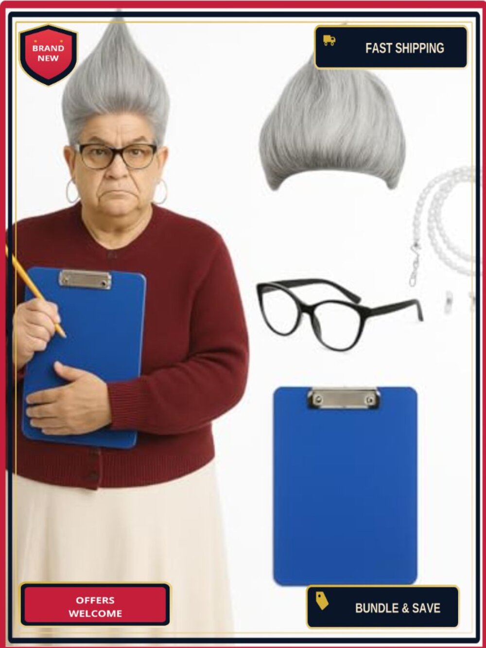 Halloween Administrator Costume Set 5 Pcs Cosplay Wig Glasses Clipboard